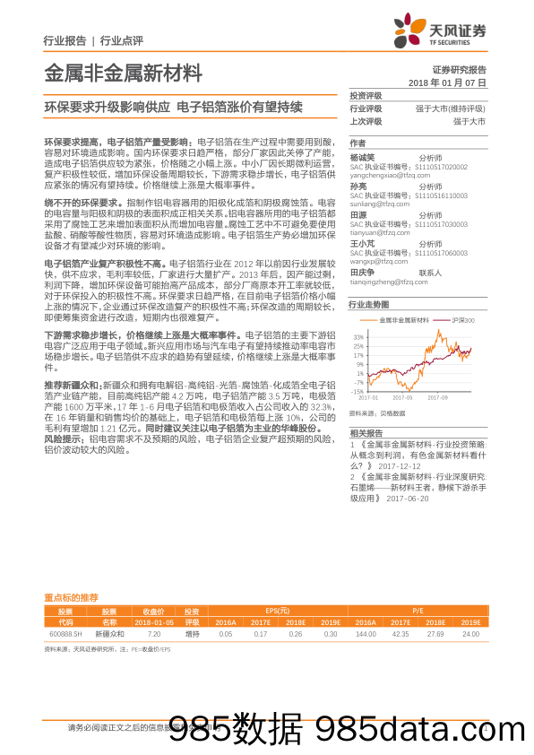 金属非金属新材料行业点评：环保要求升级影响供应 电子铝箔涨价有望持续_天风证券