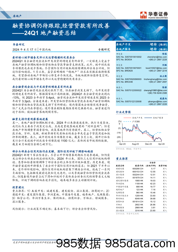 房地产行业24Q1地产融资总结：融资协调仍待跟踪，经营贷款有所改善-240417-华泰证券