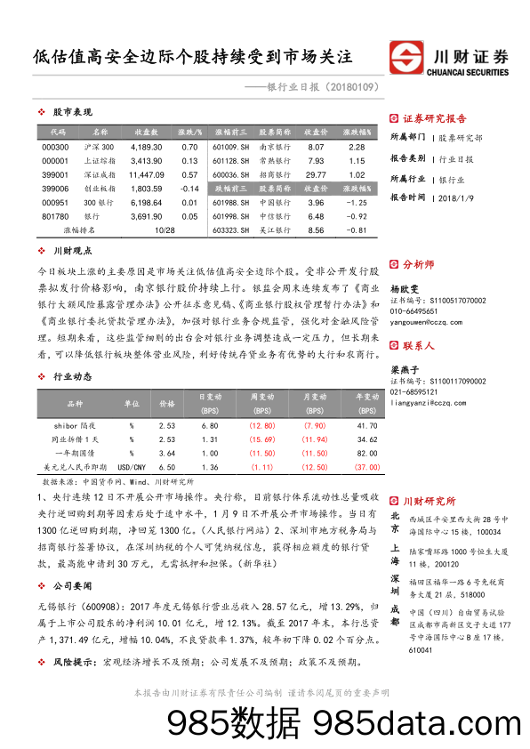 银行业日报：低估值高安全边际个股持续受到市场关注_川财证券