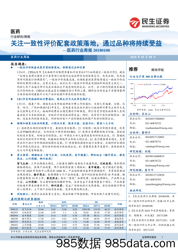 医药行业周报：关注一致性评价配套政策落地，通过品种将持续受益_民生证券