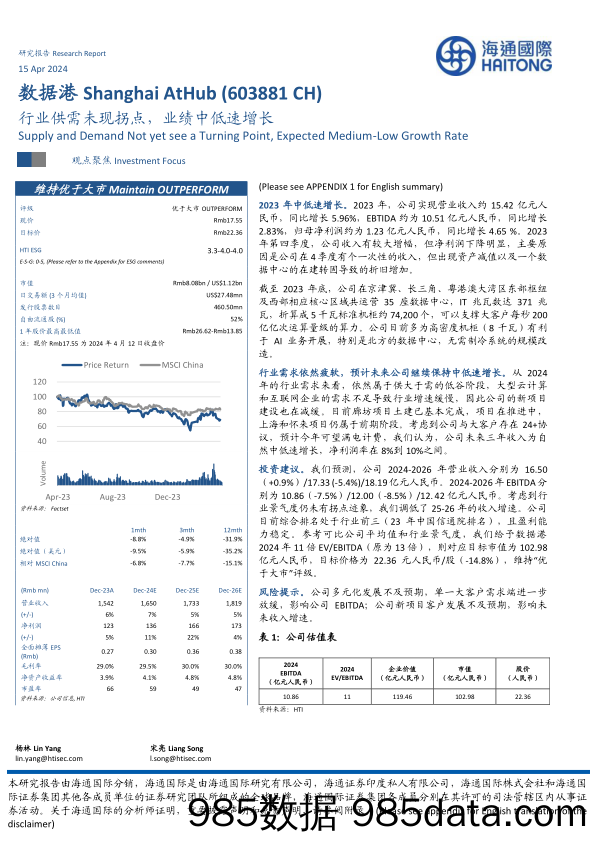 数据港-603881.SH-行业供需未现拐点，业绩中低速增长-20240415-海通国际