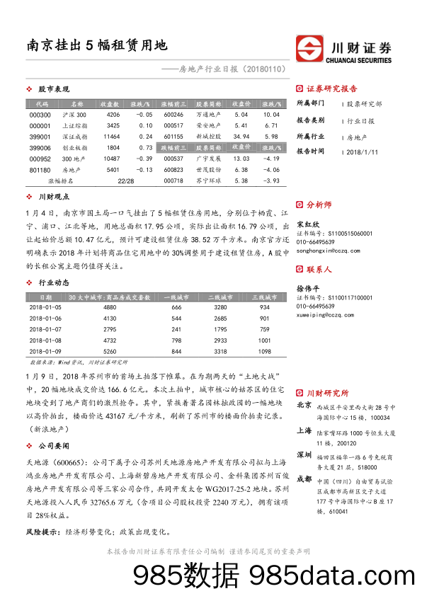 房地产行业日报：南京挂出5幅租赁用地_川财证券