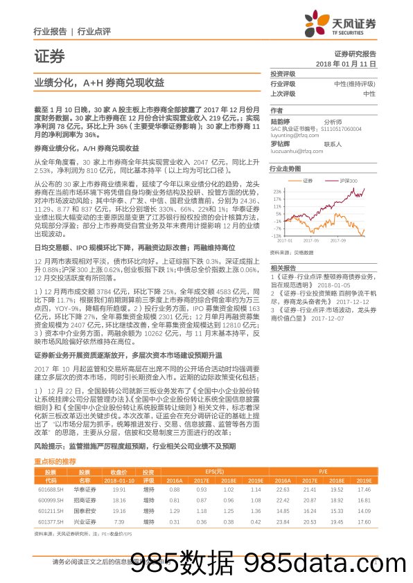 证券：业绩分化，A+H券商兑现收益_天风证券