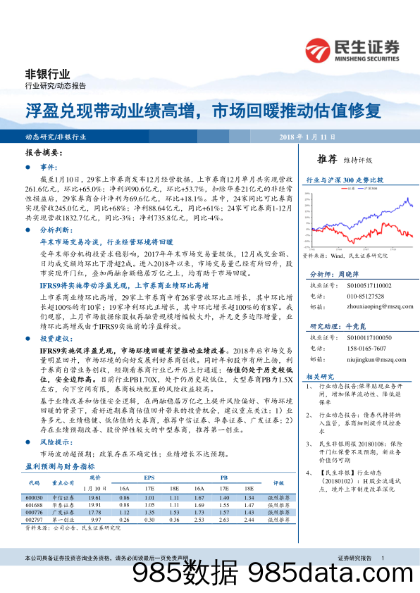 非银行业动态报告：浮盈兑现带动业绩高增，市场回暖推动估值修复_民生证券