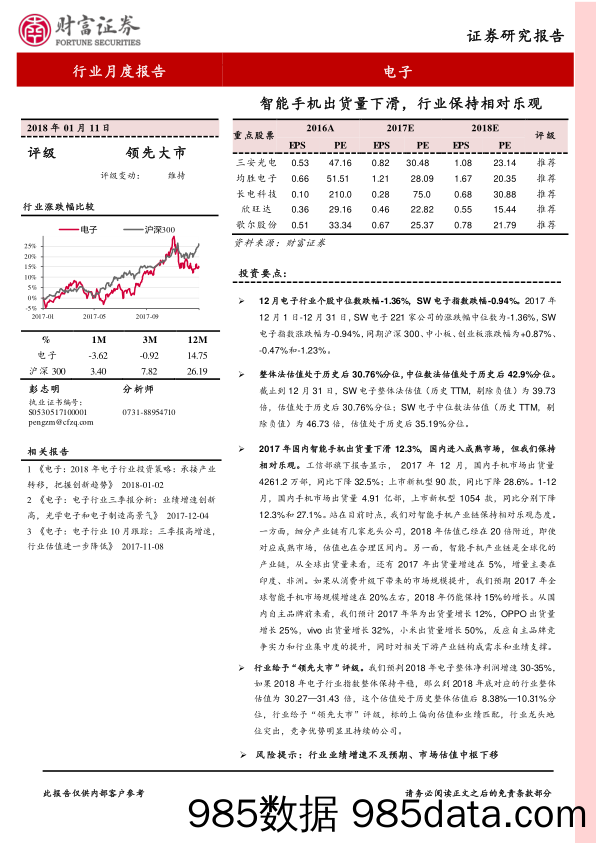 电子行业月度报告：智能手机出货量下滑，行业保持相对乐观_财富证券