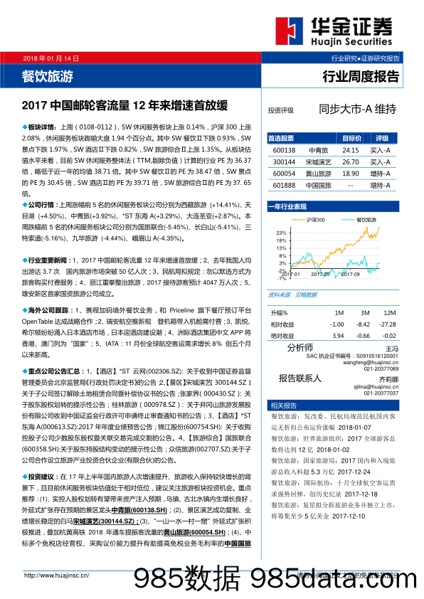 餐饮旅游行业周度报告：2017中国邮轮客流量12年来增速首放缓_华金证券