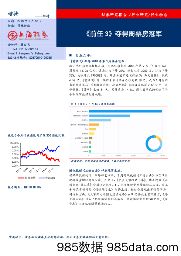 传媒行业动态：《前任3》夺得周票房冠军_上海证券
