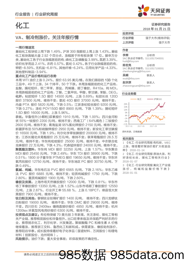 化工：VA、制冷剂涨价，关注年报行情_天风证券