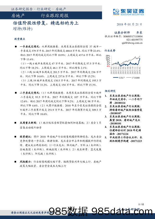 房地产行业跟踪周报：估值阶段性修复，精选标的为上_东吴证券