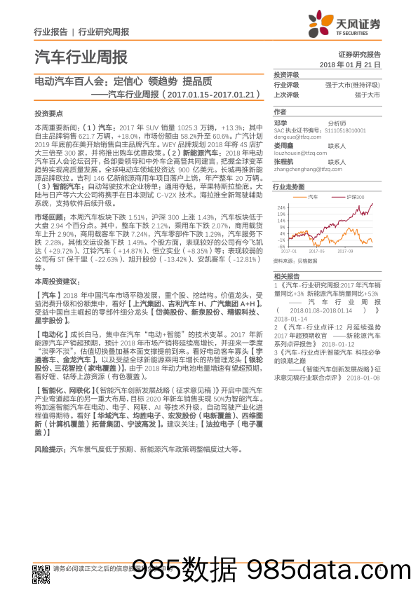 汽车行业周报：电动汽车百人会：定信心 领趋势 提品质_天风证券