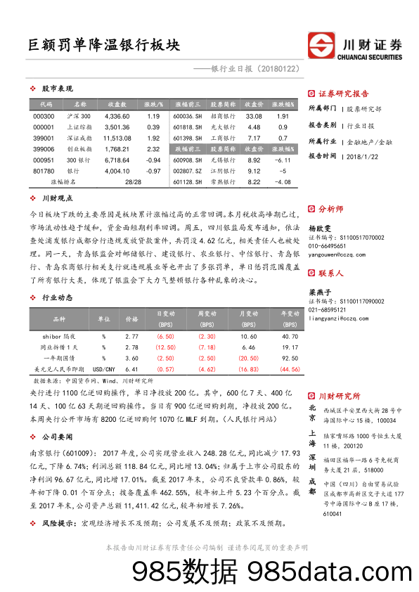 银行业日报：巨额罚单降温银行板块_川财证券