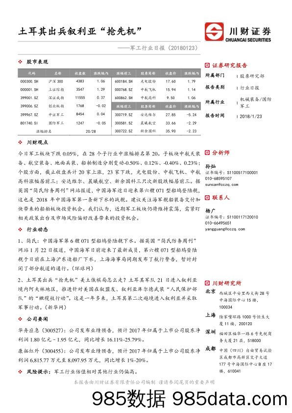 军工行业日报：土耳其出兵叙利亚“抢先机”_川财证券