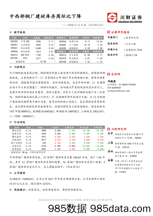 钢铁行业日报：中西部钢厂建材库存周环比下降_川财证券插图