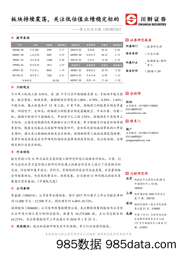 军工行业日报：板块持续震荡，关注低估值业绩稳定标的_川财证券