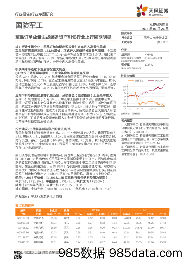 国防军工行业专题研究：军品订单放量主战装备资产引领行业上行周期明显_天风证券