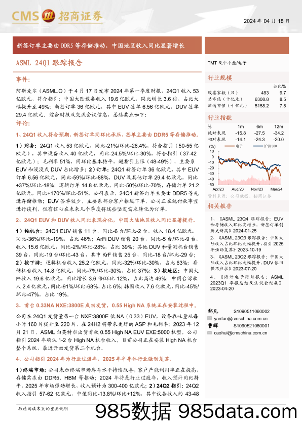 电子行业ASML+24Q1跟踪报告：新签订单主要由DDR5等存储推动，中国地区收入同比显著增长-240418-招商证券