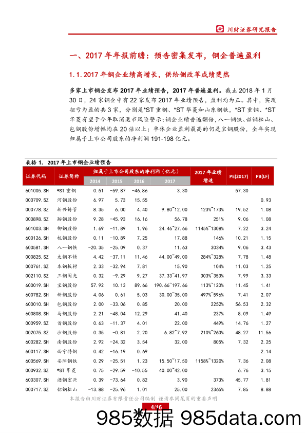 2017年业绩预告总结暨2018年钢铁行业春季策略：钢企业绩夯实，估值待提升_川财证券插图3