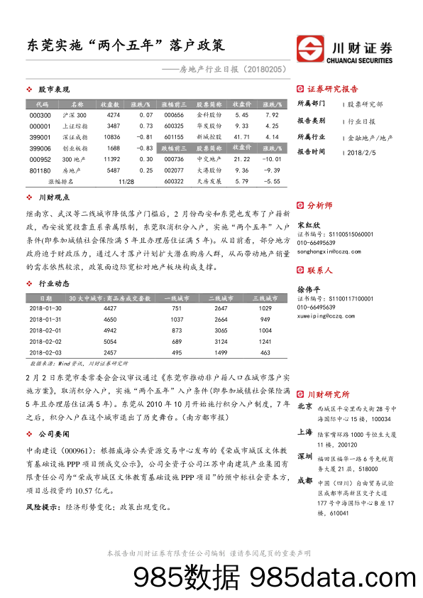 房地产行业日报：东莞实施“两个五年”落户政策_川财证券