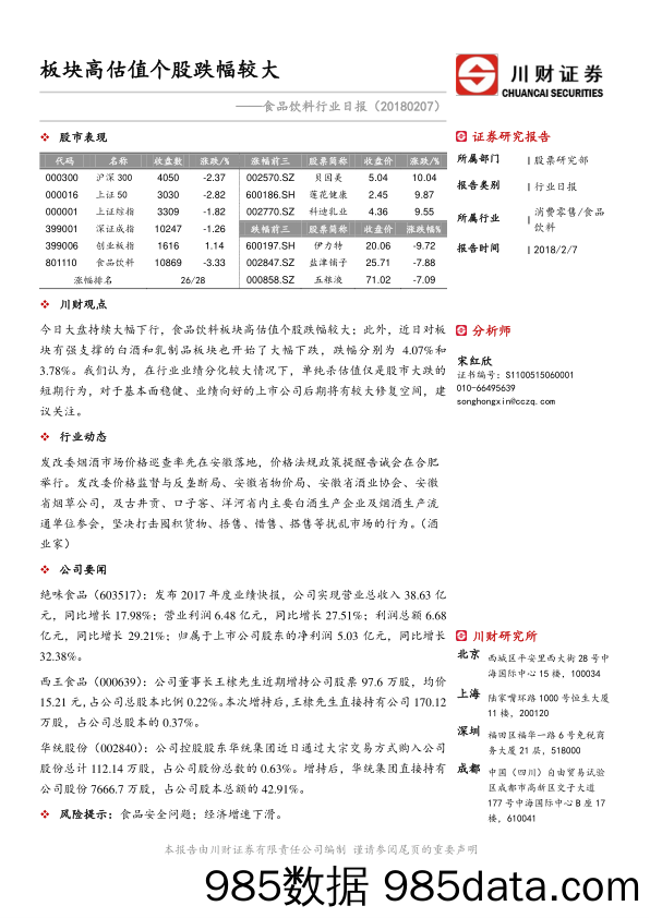 食品饮料行业日报：板块高估值个股跌幅较大_川财证券