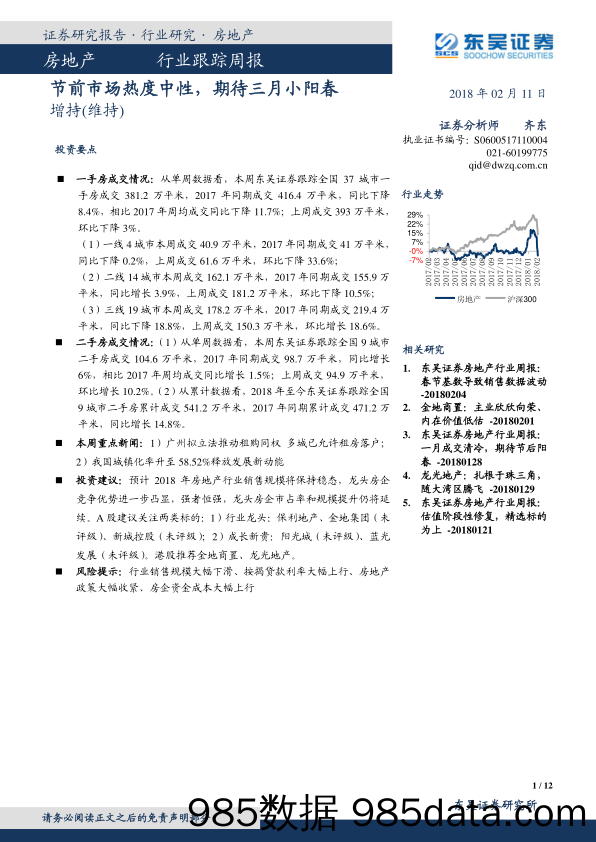 房地产行业跟踪周报：节前市场热度中性，期待三月小阳春_东吴证券