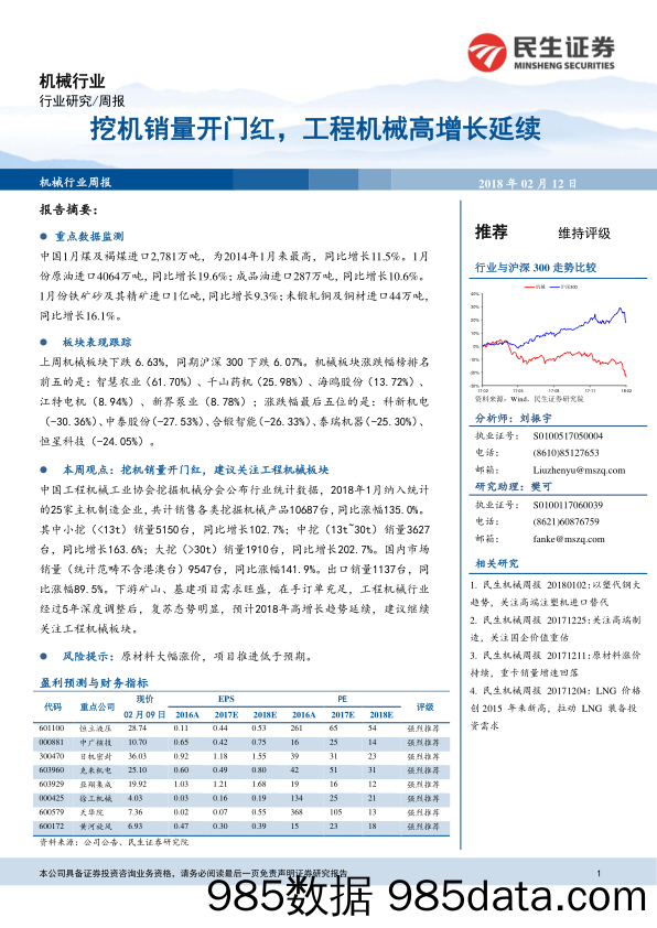 机械行业周报：挖机销量开门红，工程机械高增长延续_民生证券