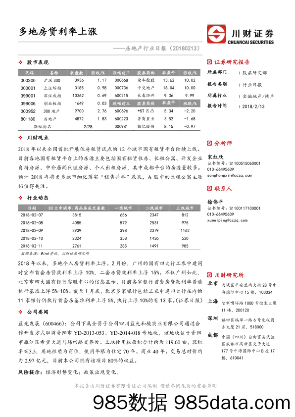 房地产行业日报：多地房贷利率上涨_川财证券