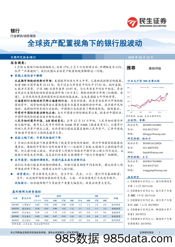 银行动态报告：全球资产配置视角下的银行股波动_民生证券