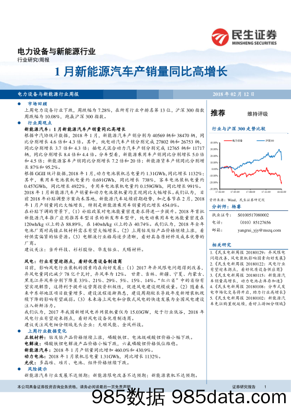 电力设备与新能源行业周报：1月新能源汽车产销量同比高增长_民生证券