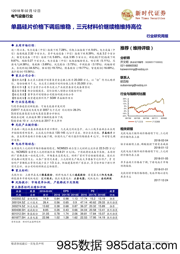 电气设备行业研究周报：单晶硅片价格下调后维稳，三元材料价继续格维持高位_新时代证券