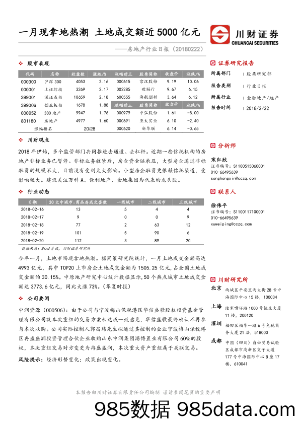 房地产行业日报：一月现拿地热潮 土地成交额近5000亿元_川财证券