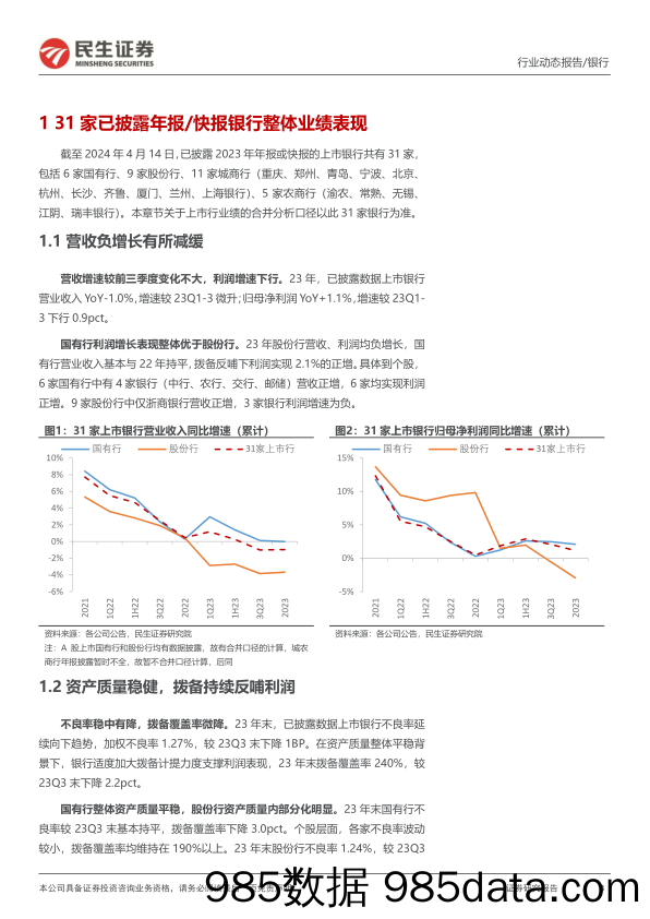 银行业31家上市银行2023年业绩综述：个贷风险略升，多家提高分红-240415-民生证券插图2