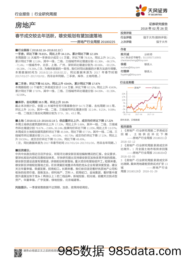 房地产行业周报：春节成交较去年活跃，雄安规划有望加速落地_天风证券