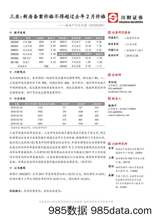 房地产行业日报：三亚：新房备案价格不得超过去年2月价格_川财证券