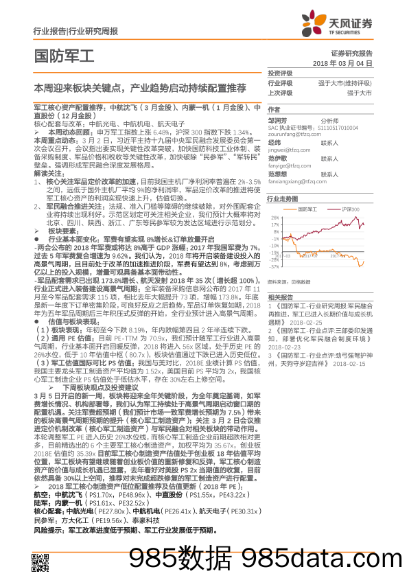 国防军工行业研究周报：本周迎来板块关键点，产业趋势启动持续配置推荐_天风证券