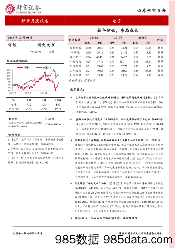 电子行业月度报告：新年伊始，布局成长_财富证券