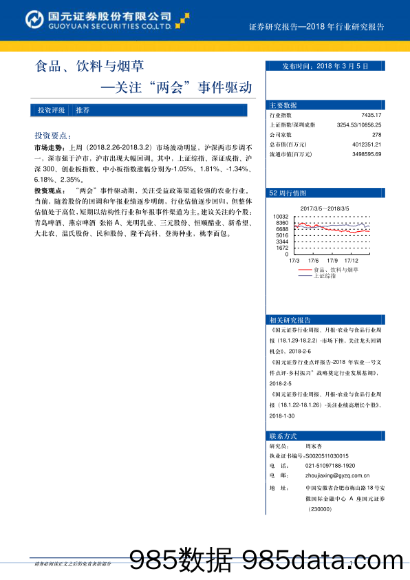 食品、饮料与烟草：关注“两会“事件驱动_国元证券