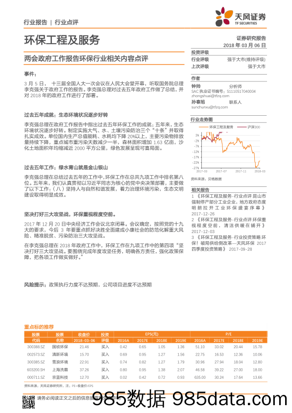 环保工程及服务行业点评：两会政府工作报告环保行业相关内容点评_天风证券