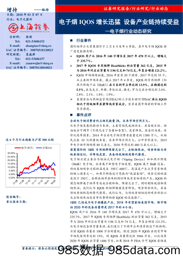 电子烟行业动态研究：电子烟IQOS增长迅猛 设备产业链持续受益_上海证券