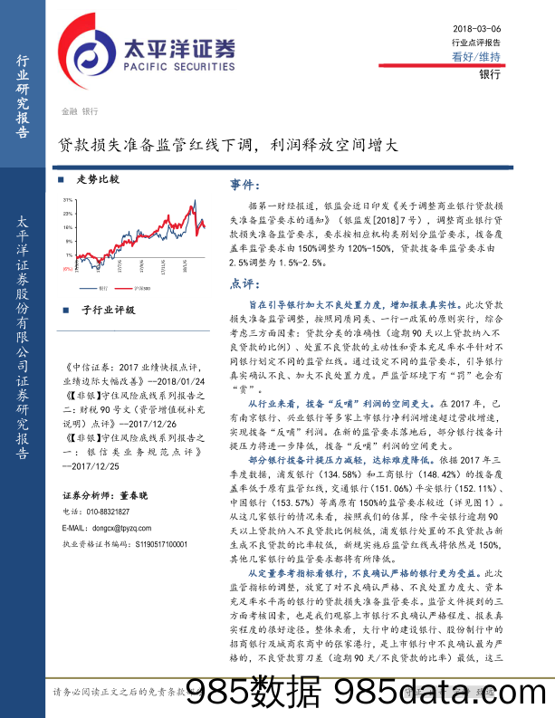 银行：贷款损失准备监管红线下调，利润释放空间增大_太平洋