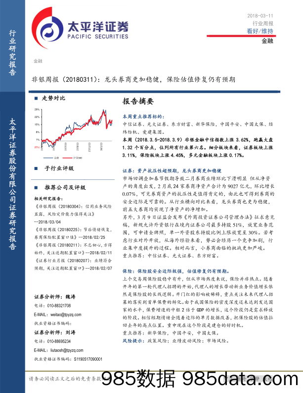 非银周报：龙头券商更加稳健，保险估值修复仍有预期_太平洋