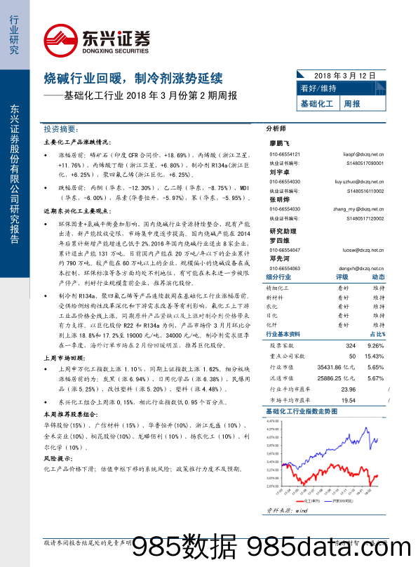 基础化工行业2018年3月份第2期周报：烧碱行业回暖，制冷剂涨势延续_东兴证券