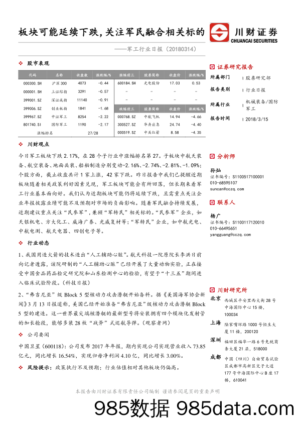 军工行业日报：板块可能延续下跌，关注军民融合相关标的_川财证券