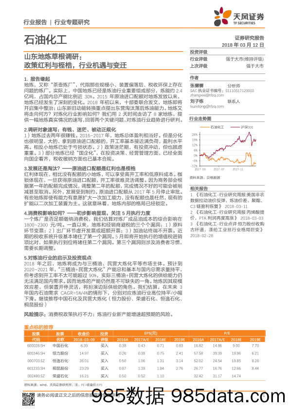 石油化工行业专题研究：山东地炼草根调研：政策红利与桎梏，行业机遇与变迁_天风证券