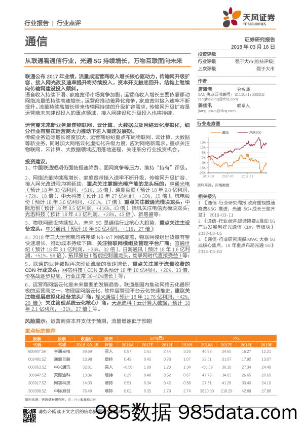 通信：从联通看通信行业，光通5G持续增长，万物互联面向未来_天风证券