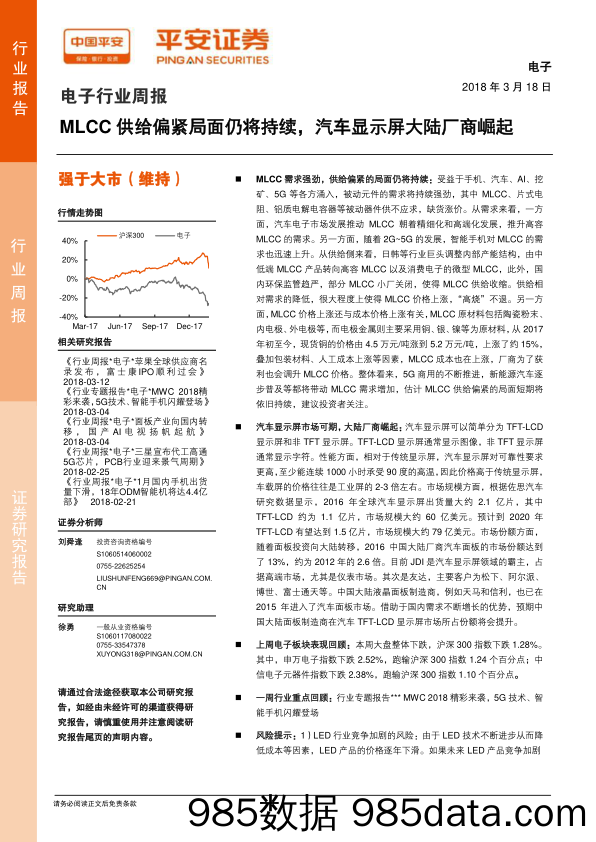 电子行业周报：MLCC供给偏紧局面仍将持续，汽车显示屏大陆厂商崛起_平安证券