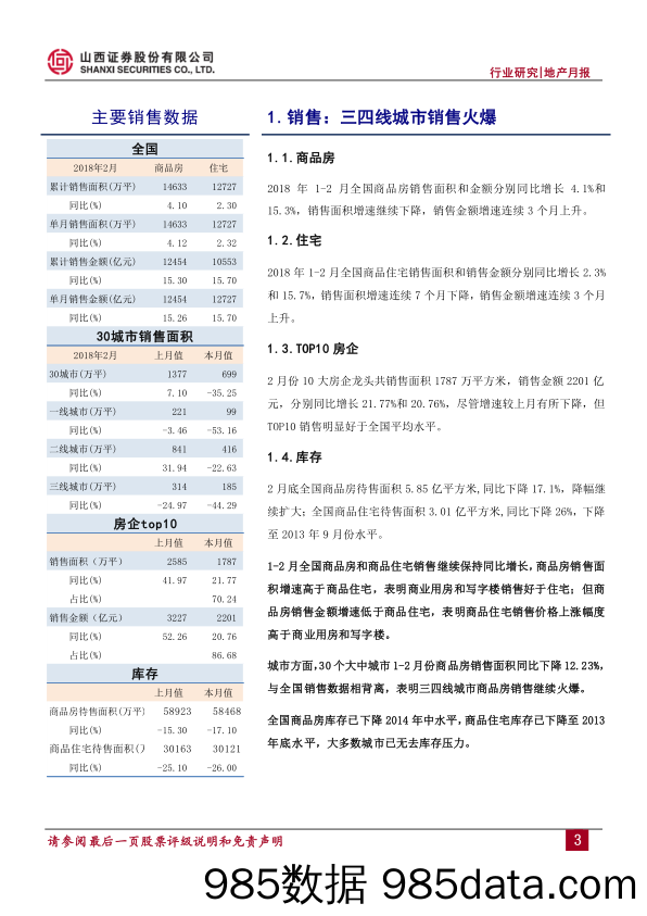 房地产行业1-2月数据分析：三四线销售火爆 房企资金充裕对市场保持谨慎_山西证券插图3