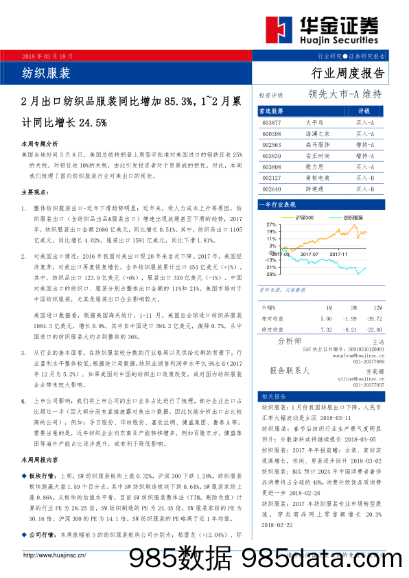 纺织服装行业周度报告：2月出口纺织品服装同比增加85.3%，1~2月累计同比增长24.5%_华金证券