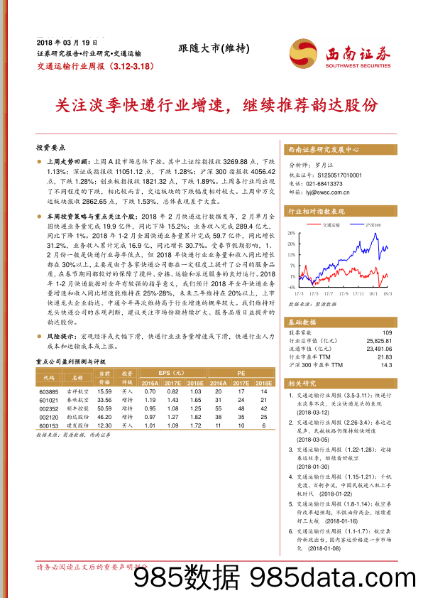 交通运输行业周报：关注淡季快递行业增速，继续推荐韵达股份_西南证券