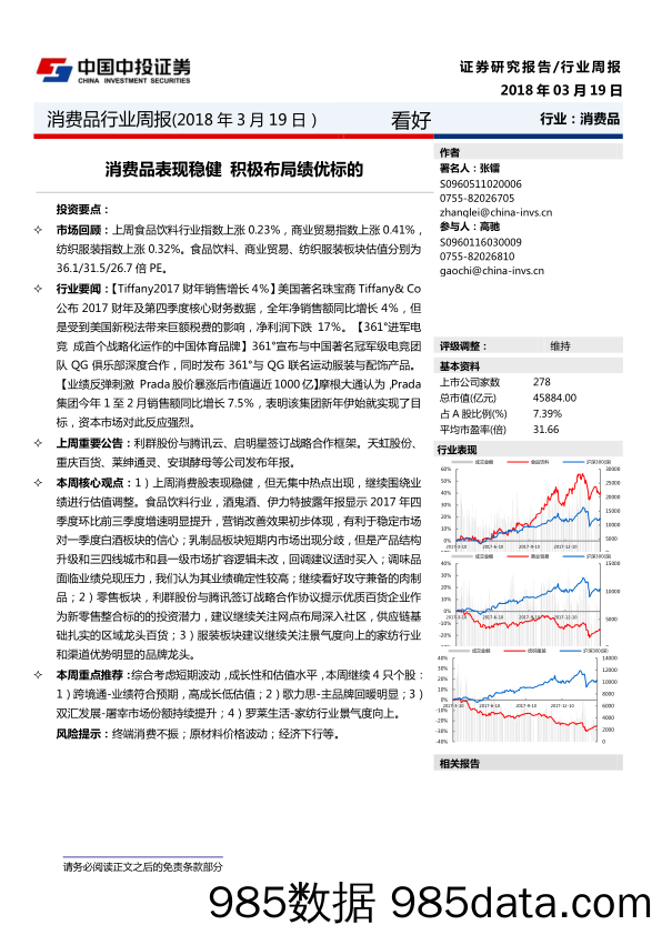 消费品行业周报：消费品表现稳健 积极布局绩优标的_中投证券