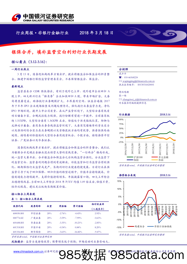 非银行金融行业周报：银保合并，填补监管空白利好行业长期发展_中国银河